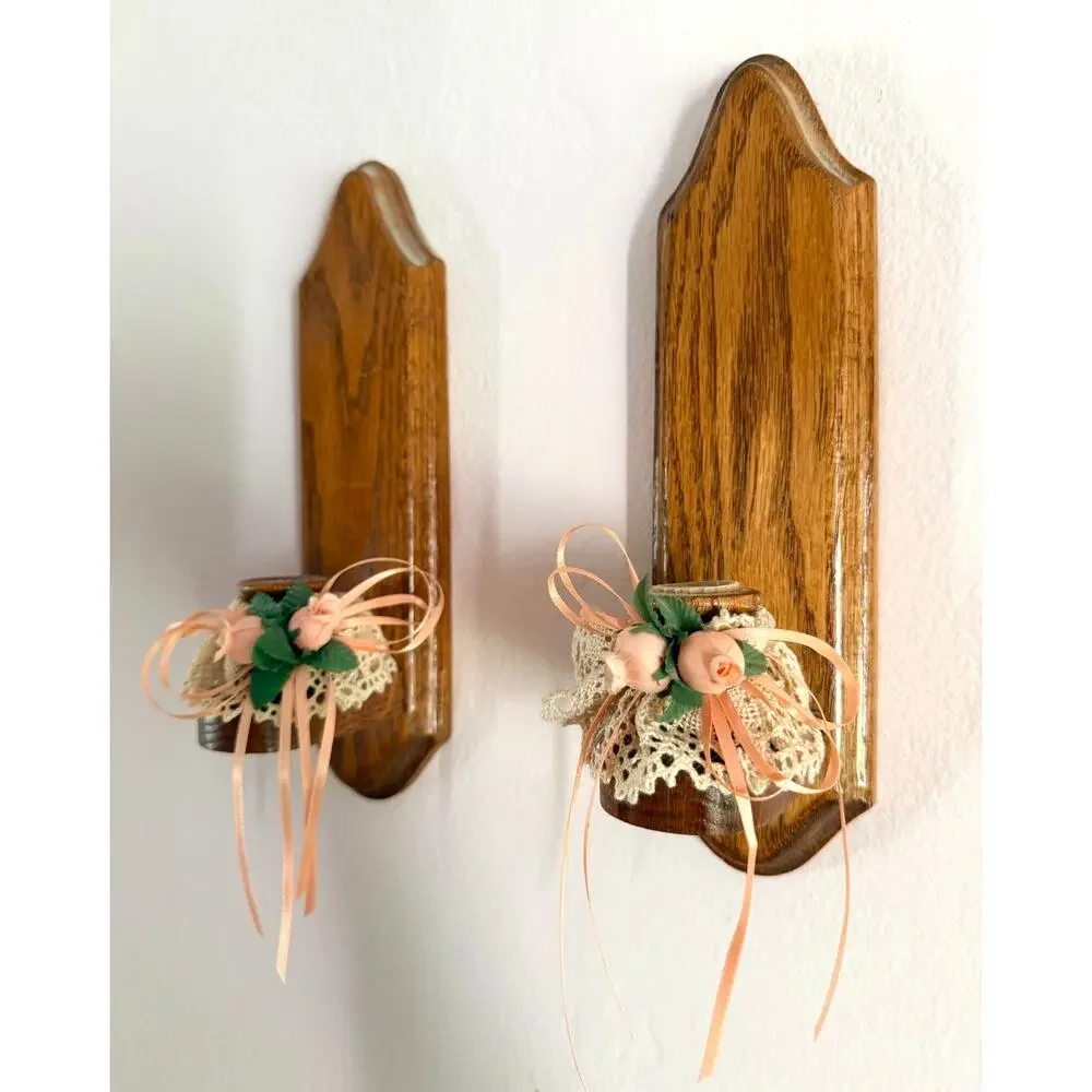 Pair Vintage Oak Wall Candle Sconces Lace Peach Silk Roses Cottage Country